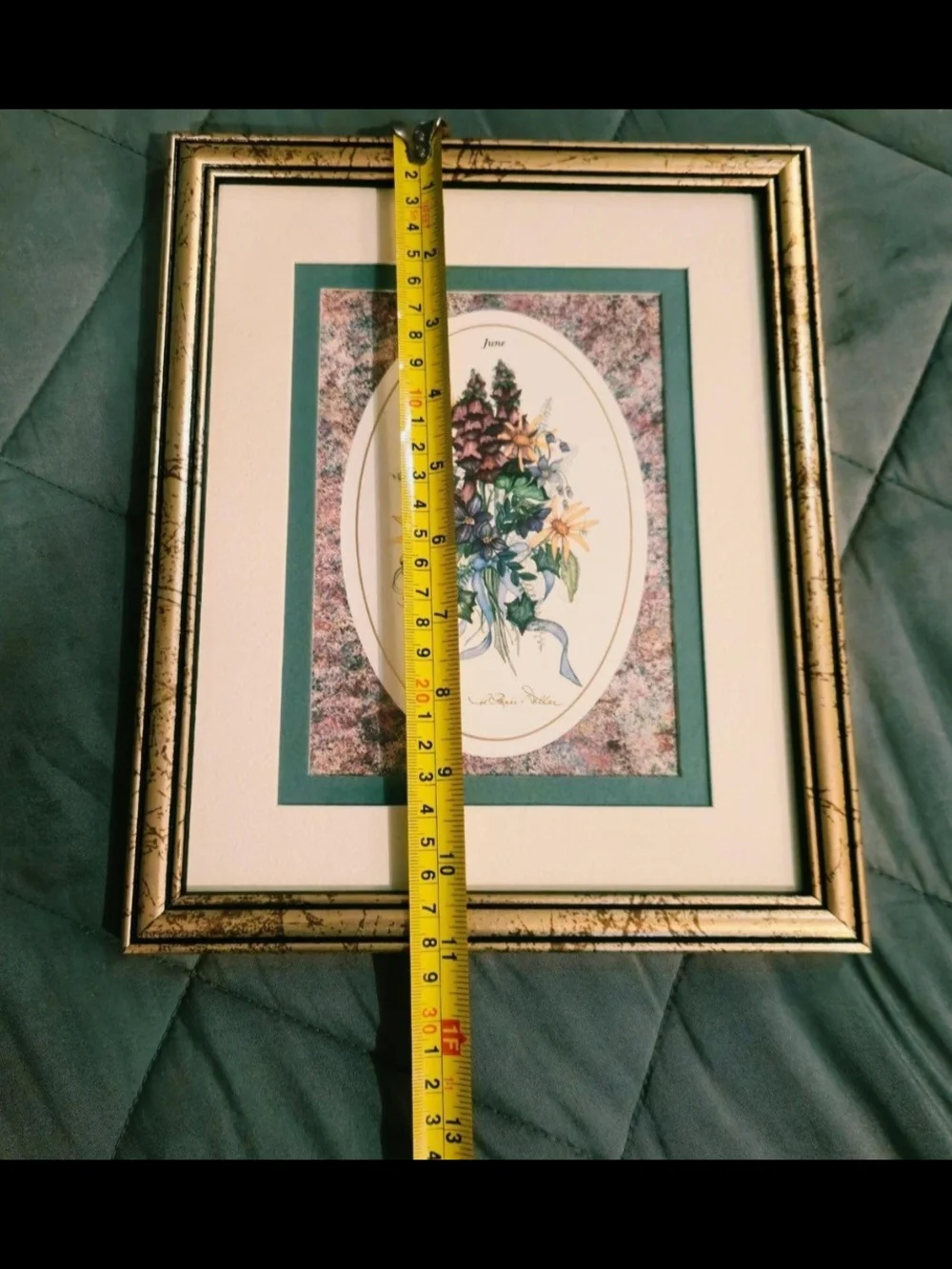 Gold Framed Floral Print with Teal Mat - Unbranded
